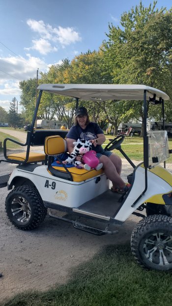 baby dressed a cow on golf cart