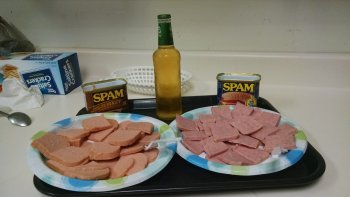 Spam and beer during the hillbilly potluck at The Ridge Campground