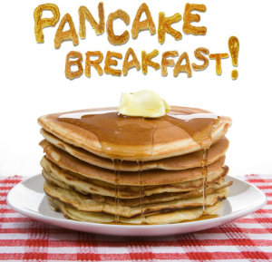 Large stack of pancakes with the text "Pancake Breakfast!"